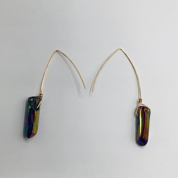 GEM Earrings Quartz Crystal Points Titanium Oil Slick Coating Ear Wire Boho - Picture 6 of 7